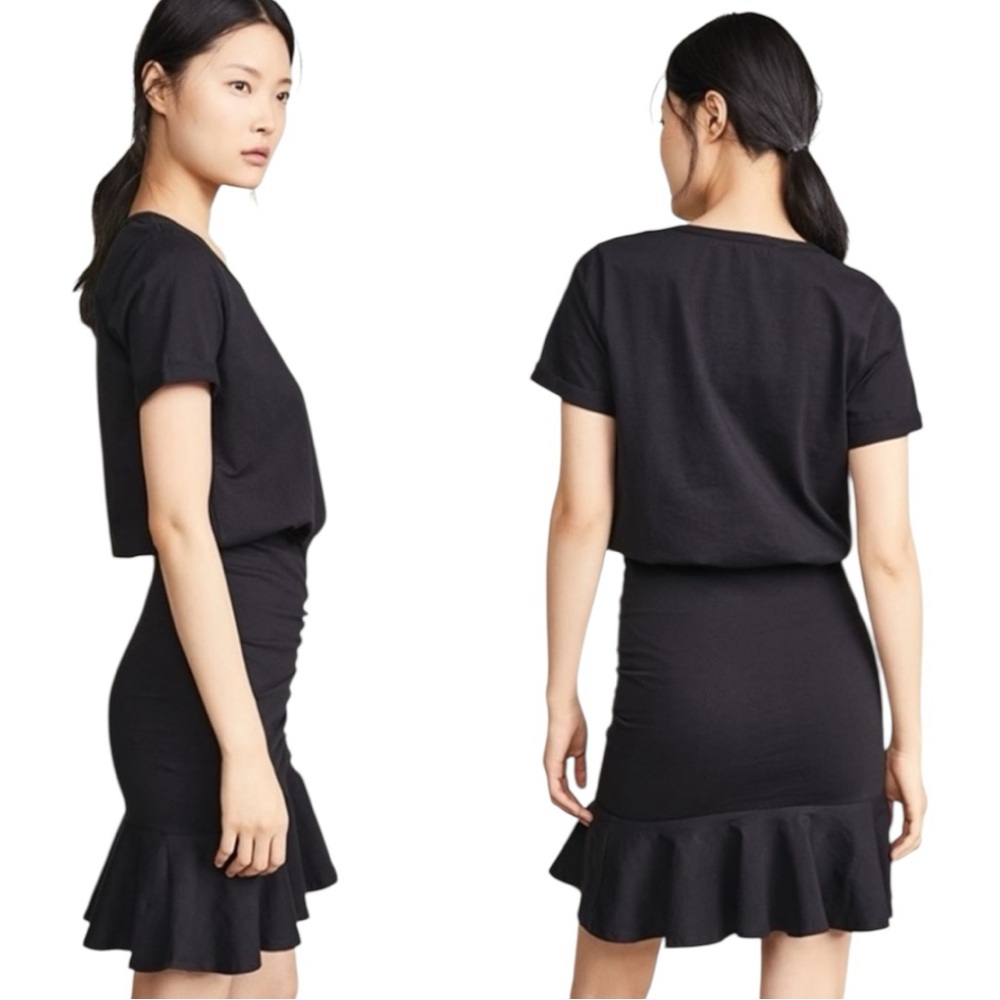 Veronica Beard Jeans Black Pima Cotton Ruched Short Sleeve Flounce Mini Dress XS